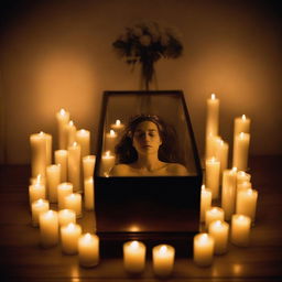 Create an image depicting a deceased woman encased in a glass coffin