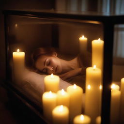 Create an image depicting a deceased woman encased in a glass coffin