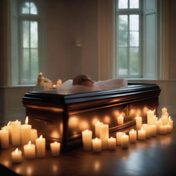 Generate an image featuring a deceased woman enclosed in a glass coffin