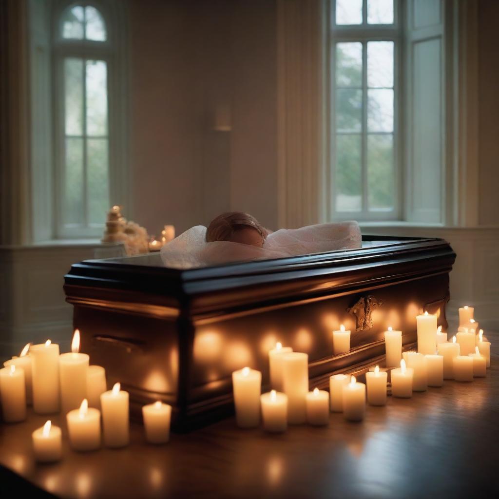 Generate an image featuring a deceased woman enclosed in a glass coffin