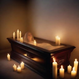 Generate an image featuring a deceased woman enclosed in a glass coffin