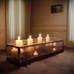Generate an image featuring a deceased woman enclosed in a glass coffin