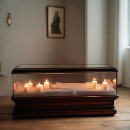 Generate an image featuring a deceased woman enclosed in a glass coffin