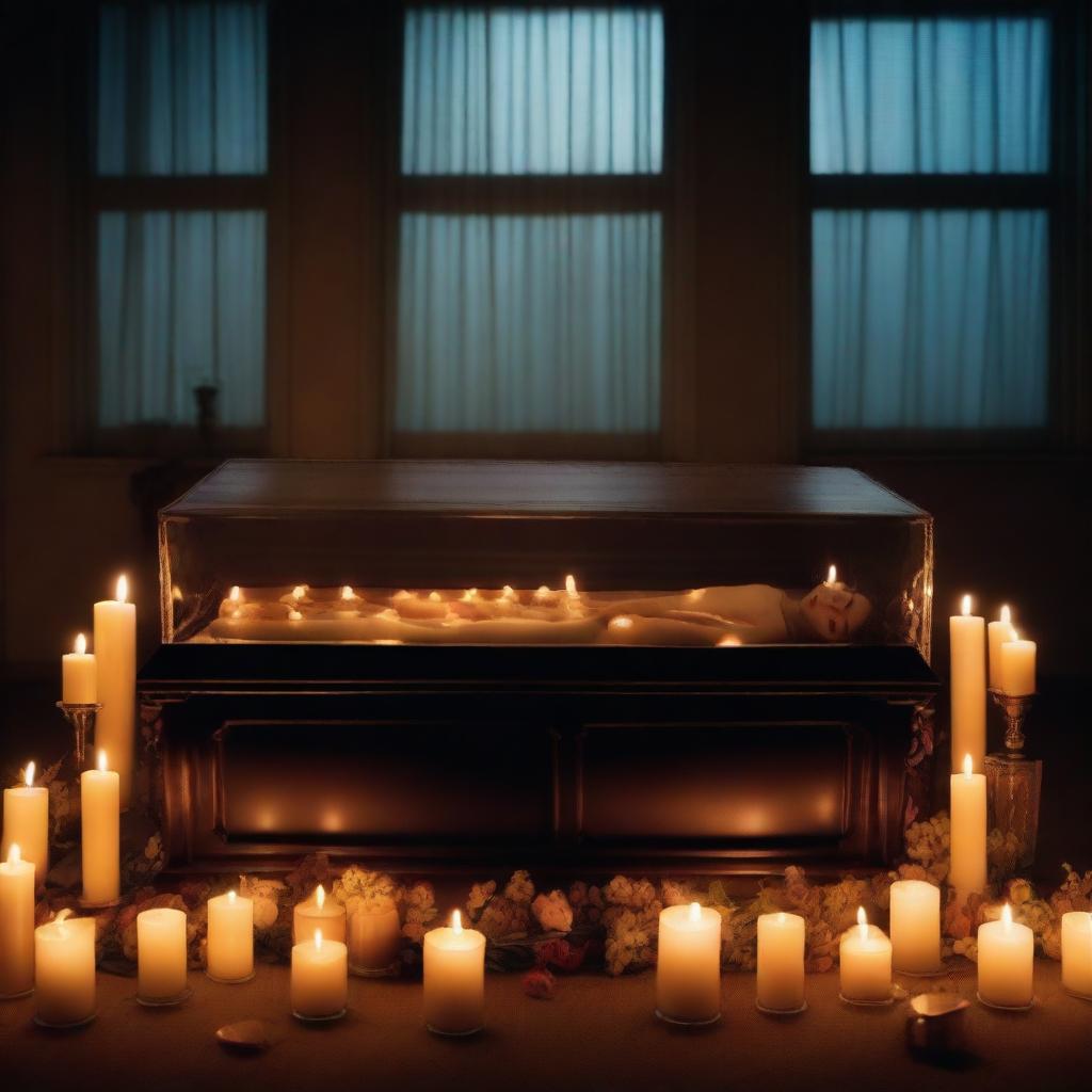 Create an image of a deceased woman, enclosed in a clear glass coffin