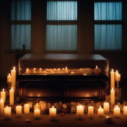Create an image of a deceased woman, enclosed in a clear glass coffin