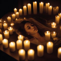 Create an image of a deceased woman, enclosed in a clear glass coffin