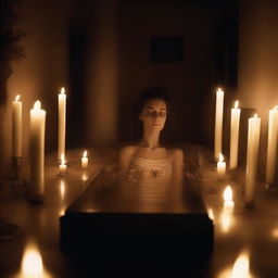 Create an image of a deceased woman, enclosed in a clear glass coffin