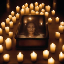 Create an image of a deceased woman, enclosed in a clear glass coffin