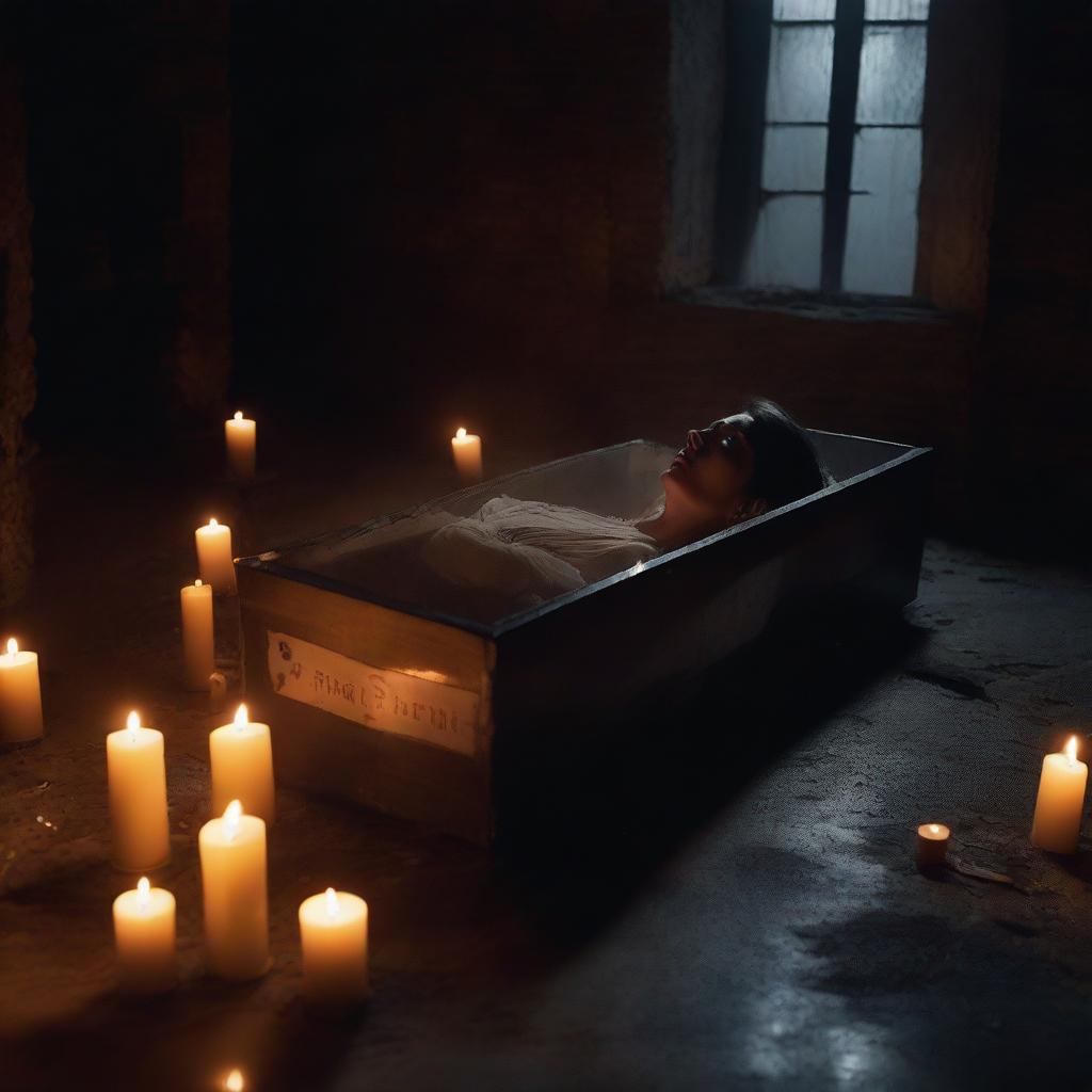 Generate an image depicting a deceased woman, enclosed in a clear glass coffin