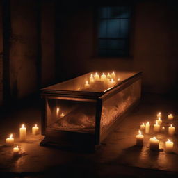 Generate an image depicting a deceased woman, enclosed in a clear glass coffin