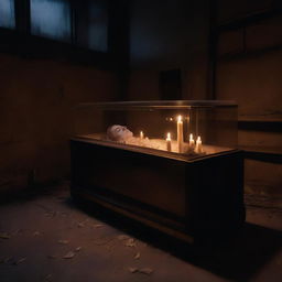 Generate an image depicting a deceased woman, enclosed in a clear glass coffin