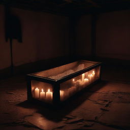 Generate an image depicting a deceased woman, enclosed in a clear glass coffin