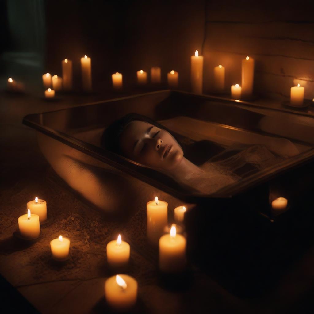 Generate an image of a deceased woman, enclosed in a clear glass coffin