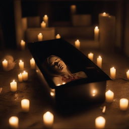 Generate an image of a deceased woman, enclosed in a clear glass coffin