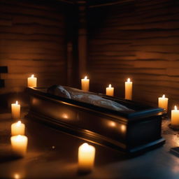 Generate an image of a deceased woman, enclosed in a clear glass coffin