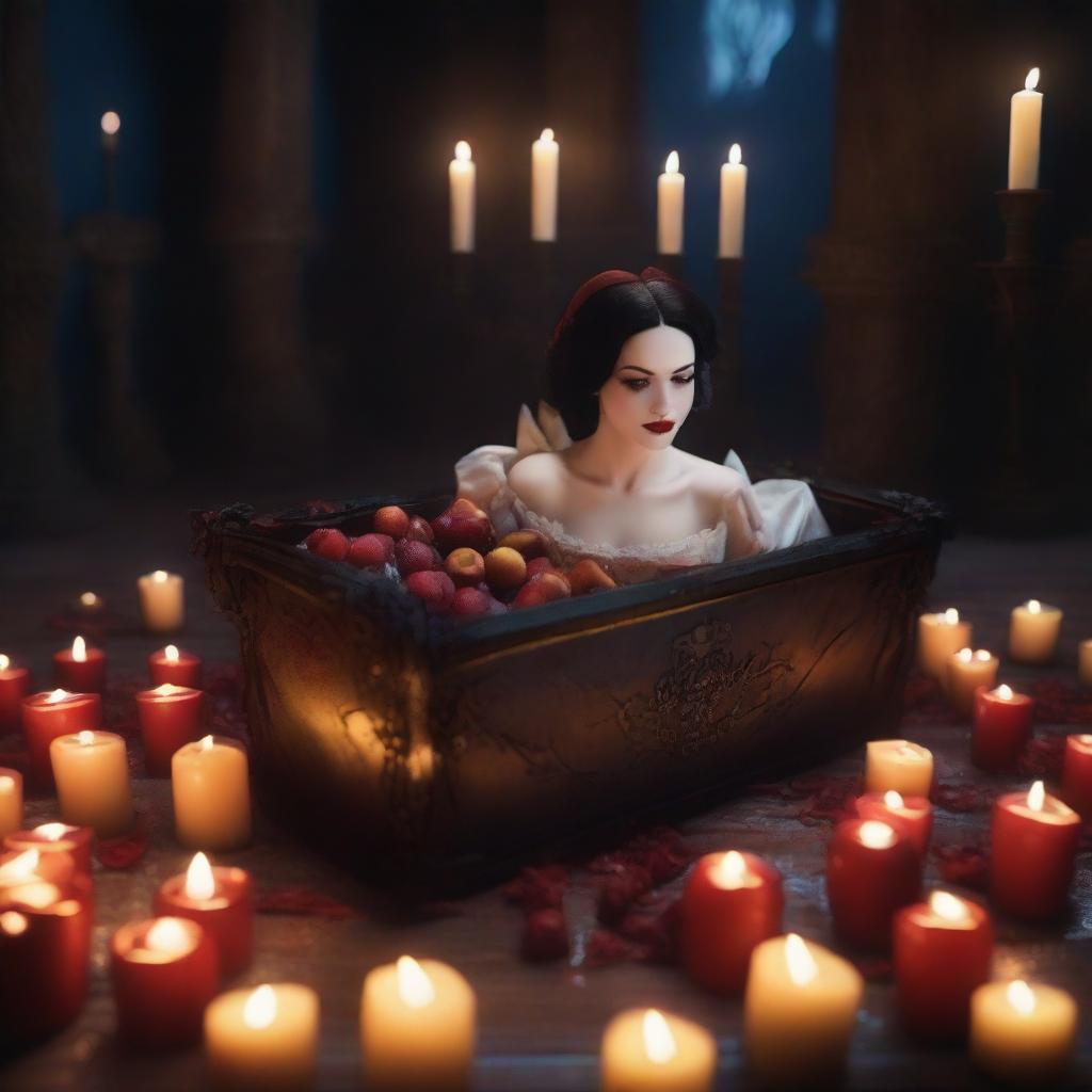 Create an image of Snow White in a gothic style, lying in a glass coffin
