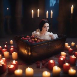 Create an image of Snow White in a gothic style, lying in a glass coffin