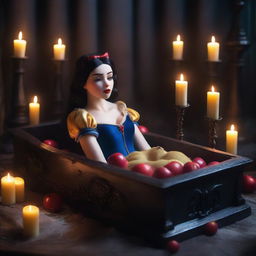Create an image of Snow White in a gothic style, lying in a glass coffin