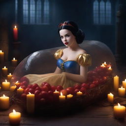 Create an image of Snow White in a gothic style, lying in a glass coffin