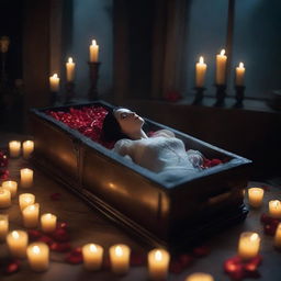 Create an image of Snow White in a gothic style, lying in a glass coffin