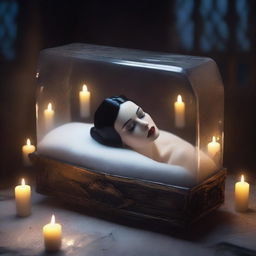 Generate an image of a modern gothic Snow White, sleeping peacefully in a glass coffin