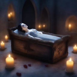 Generate an image of a modern gothic Snow White, sleeping peacefully in a glass coffin