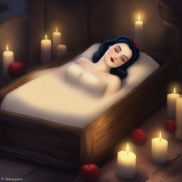 Generate an image of a modern gothic Snow White, sleeping peacefully in a glass coffin