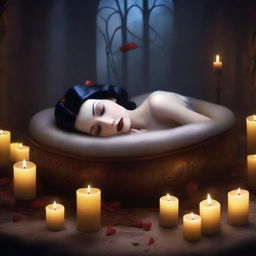 Generate an image of a modern gothic Snow White, sleeping peacefully in a glass coffin