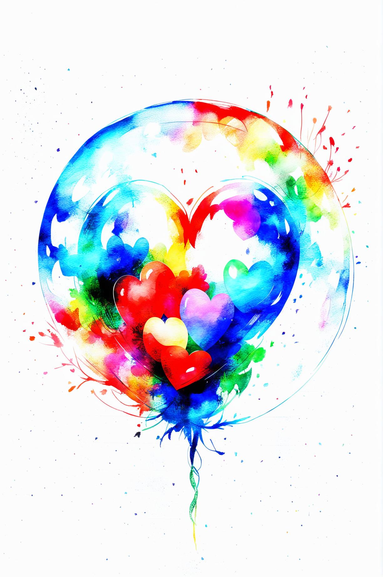 A watercolour painting of a vibrant, rainbow-coloured heart inside a transparent, iridescent bubble