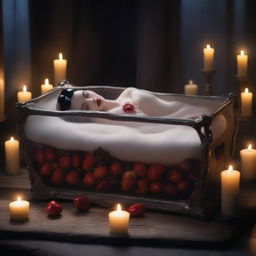 Create an image of a modern gothic Snow White sleeping in a glass coffin