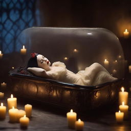 Create an image of a modern gothic Snow White sleeping in a glass coffin