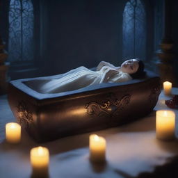 Create an image of a modern gothic Snow White sleeping in a glass coffin