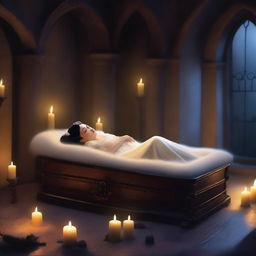 Create an image of a modern gothic Snow White sleeping in a glass coffin