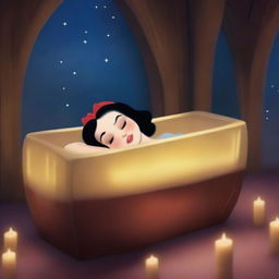 Generate an image of a modern Snow White, sleeping peacefully in a glass coffin