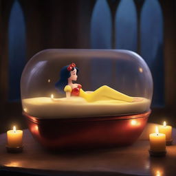 Generate an image of a modern Snow White, sleeping peacefully in a glass coffin