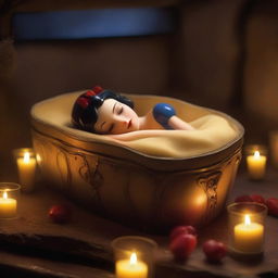 Generate an image of a modern Snow White, sleeping peacefully in a glass coffin