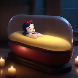 Generate an image of a modern Snow White, sleeping peacefully in a glass coffin