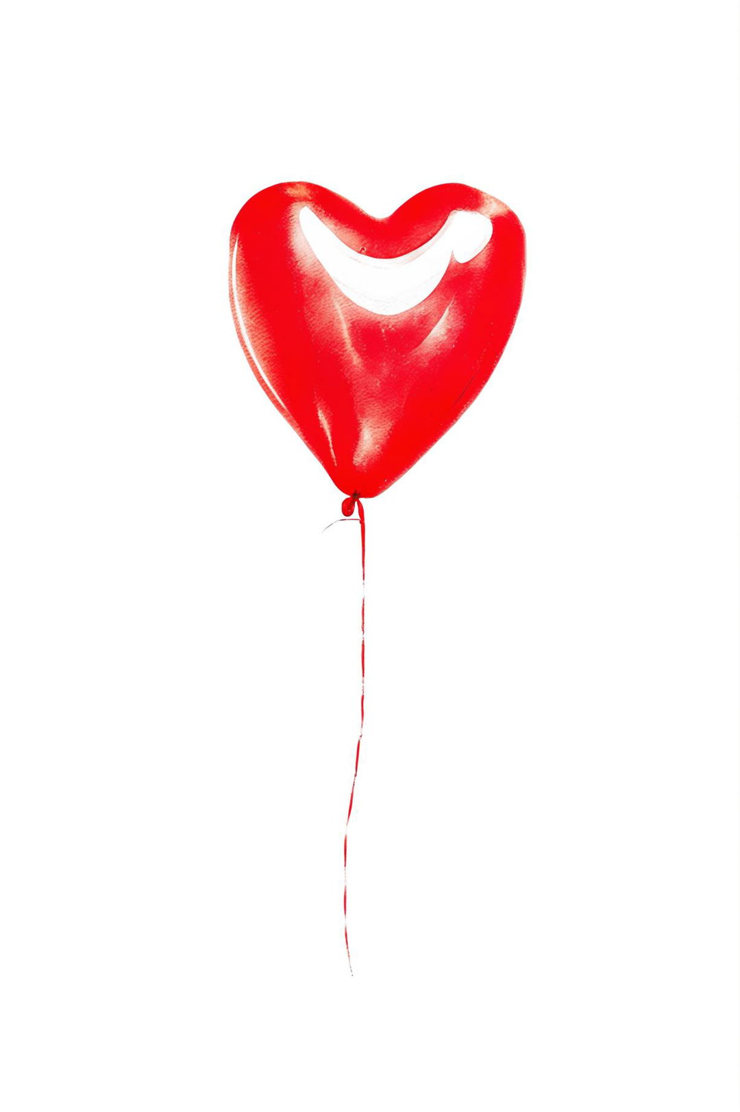 A watercolour painting of a vibrant, glossy red heart-shaped balloon floating in a clear, sunny sky