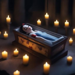 Generate an image of a realistic, modern Snow White sleeping in a glass coffin