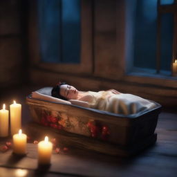Generate an image of a realistic, modern Snow White sleeping in a glass coffin