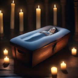 Generate an image of a realistic, modern Snow White sleeping in a glass coffin