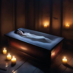 Generate an image of a realistic, modern Snow White sleeping in a glass coffin