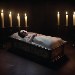 Create an image of a modern, realistic interpretation of Snow White sleeping in a glass coffin