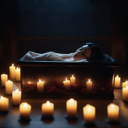 Create an image of a modern, realistic interpretation of Snow White sleeping in a glass coffin