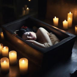 Create an image of a modern, realistic interpretation of Snow White sleeping in a glass coffin