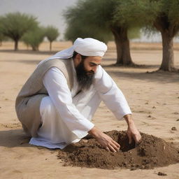 HD image of Imam Ali respectfully touching soil in a peaceful setting, showcasing a sense of profound spirituality.