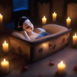 Generate an image of a realistic, modern Snow White sleeping peacefully in a glass coffin