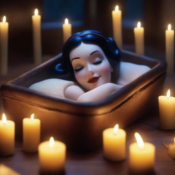Generate an image of a realistic, modern Snow White sleeping peacefully in a glass coffin