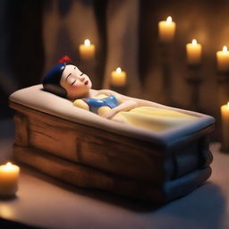 Generate an image of a realistic, modern Snow White sleeping peacefully in a glass coffin