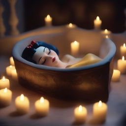 Generate an image of a realistic, modern Snow White sleeping peacefully in a glass coffin